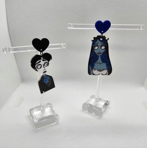 The Corpse Bride Handmade Hypoallergenic Stud Earrings! Black / Blue Hearts - Picture 2 of 4
